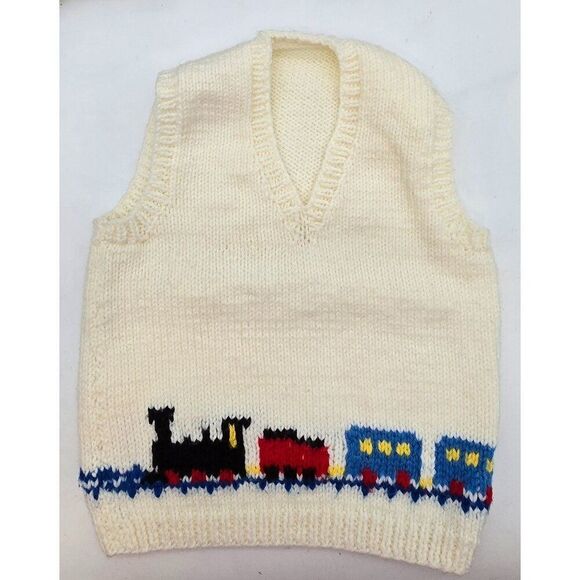 Vintage Handmade Toddler Knit Vest Train detail Ivory Pullover Cotton Blend - Picture 1 of 10